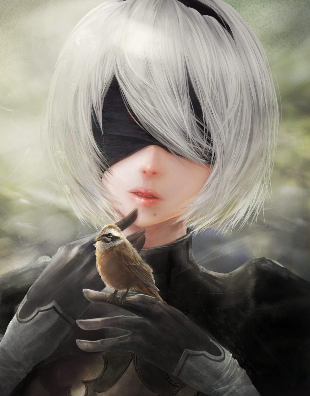 1girl, android, animal, animal_on_hand, bird, bird_on_hand, black_dress, black_gloves