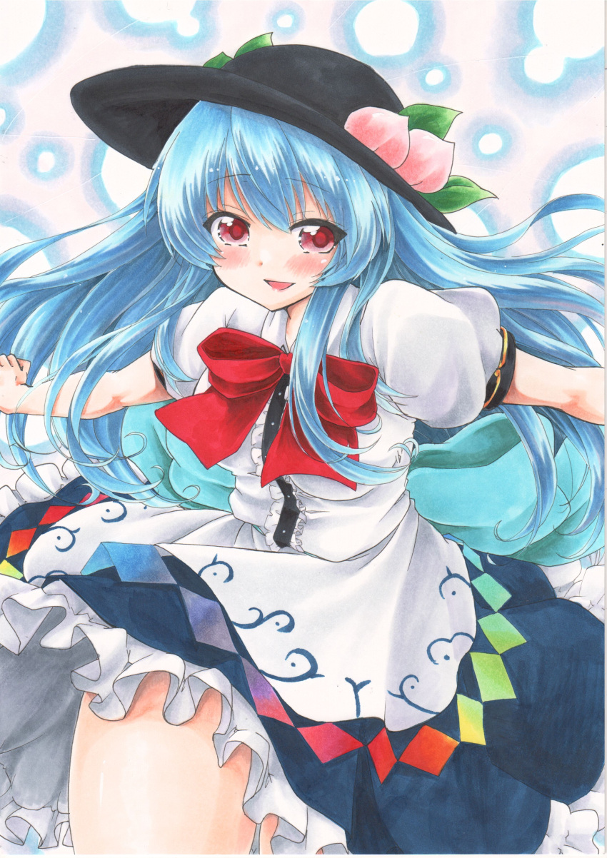 1girl, absurdres, blouse, blue_hair, blue_skirt, blush, bow, bowtie