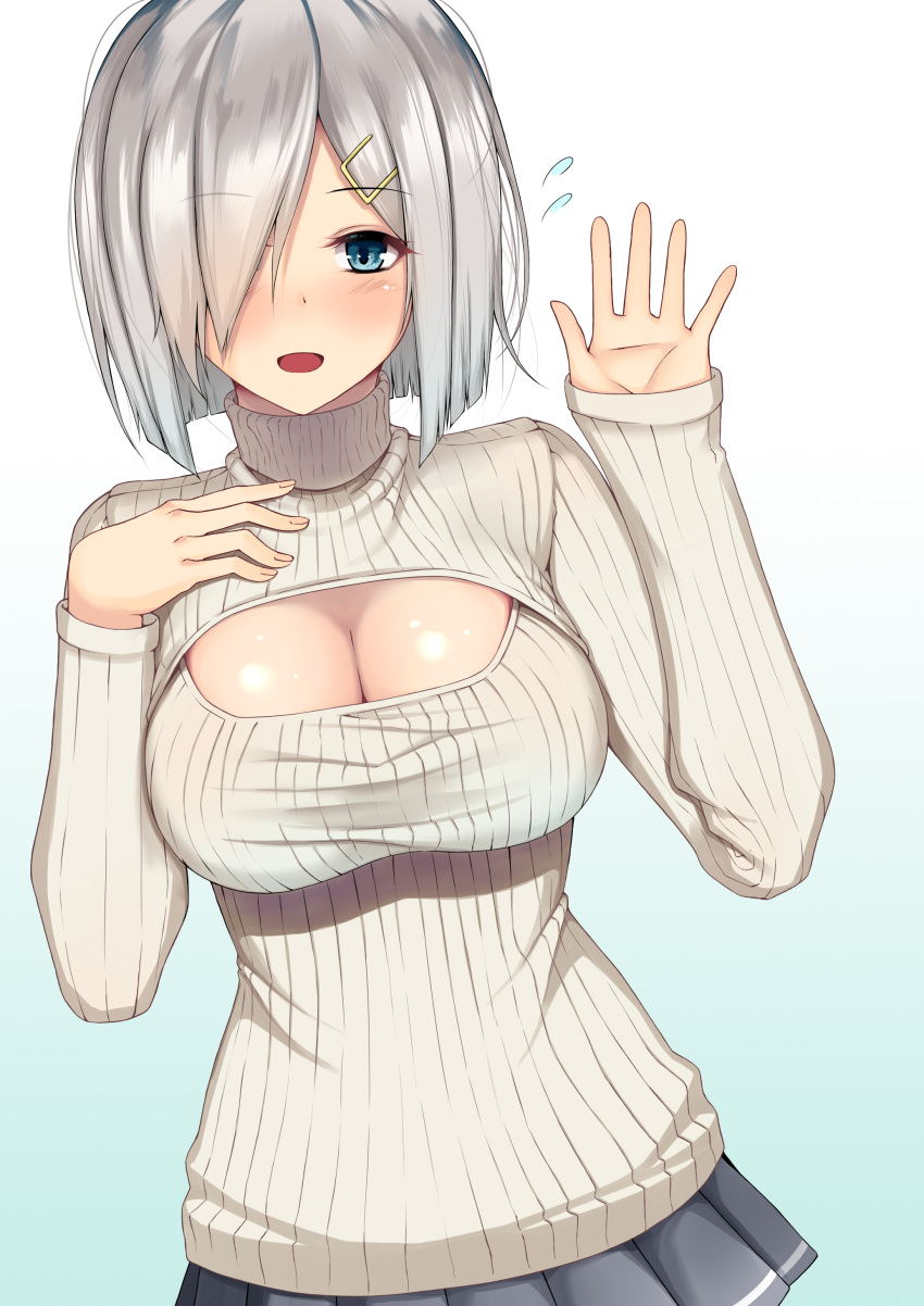 1girl, absurdres, blue_eyes, breasts, cleavage_cutout, gradient, gradient_background, hair_ornament