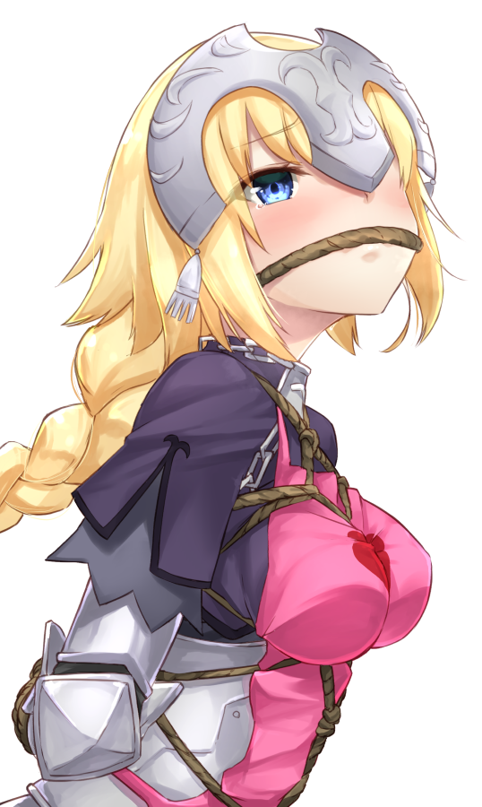 1girl, armor, armored_dress, bdsm, blonde_hair, blue_eyes, bondage, bound, braid, breasts, fate/apocrypha, fate_(series), headpiece, heart, large_breasts, long_hair, p!nta, rope, rope_gag, ruler_(fate/apocrypha), simple_background, single_braid, solo, white_background