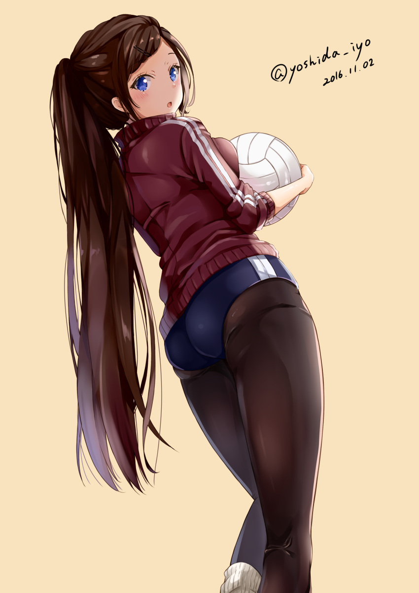 1girl, 2016, :o, absurdres, ass, bare_legs, beige_background, black_legwear