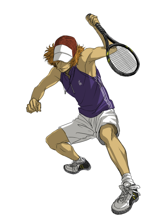 baseball_cap, hat, kai_yuujirou, male, oekaki, orange_hair, prince_of_tennis, racket