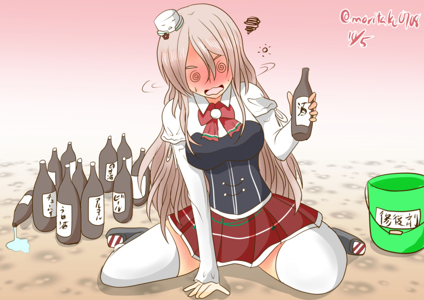 1girl, @_@, bottle, breasts, drunk, hair_between_eyes, hat, highres