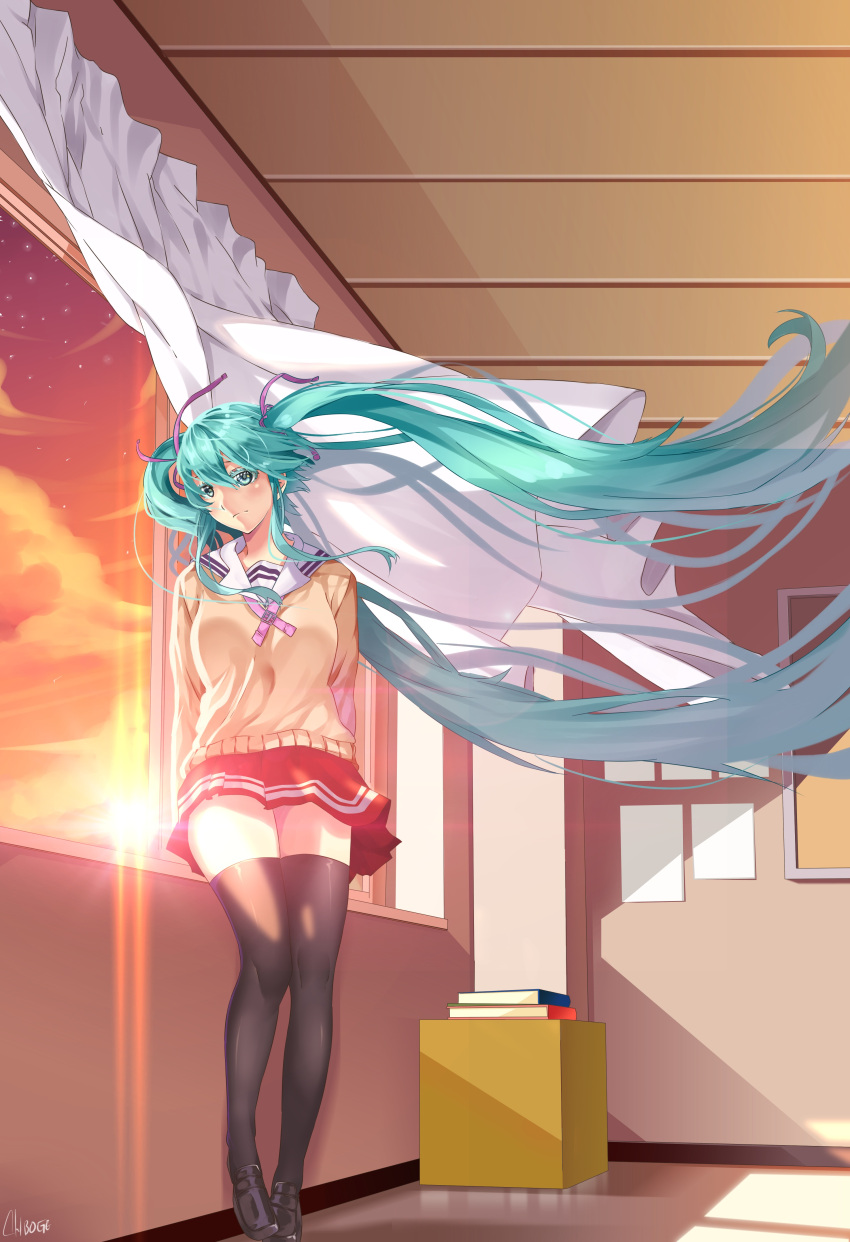 1girl, abiboge, absurdres, arms_behind_back, black_legwear, clouds, colored_eyelashes, curtains, eyelashes, floating_hair, full_body, green_eyes, green_hair, hair_between_eyes, hair_ribbon, hatsune_miku, highres, indoors, lens_flare, long_hair, looking_at_viewer, open_window, orange_sky, pleated_skirt, red_skirt, ribbon, sailor_collar, school_uniform, serafuku, shiny, shiny_skin, shoes, skirt, sky, solo, sun, sunset, thigh-highs, twintails, very_long_hair, vocaloid, wind, window, zettai_ryouiki
