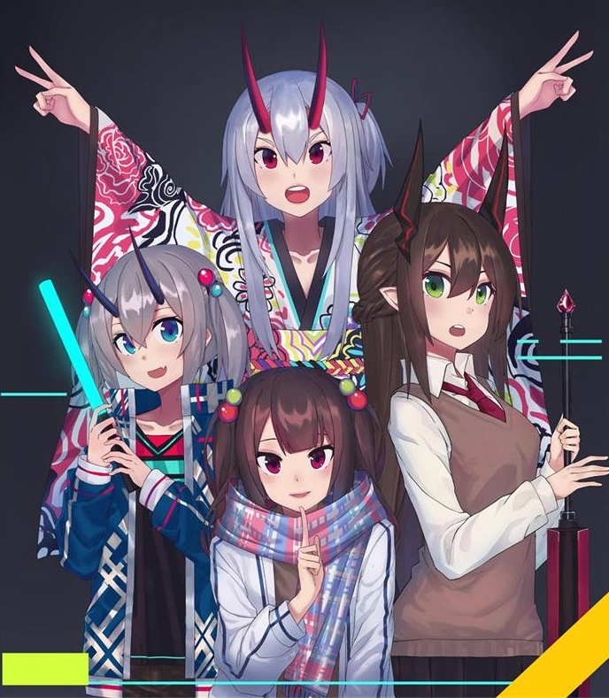4girls, :d, :o, a5125924, black_skirt, blue_eyes, blue_jacket, brown_hair