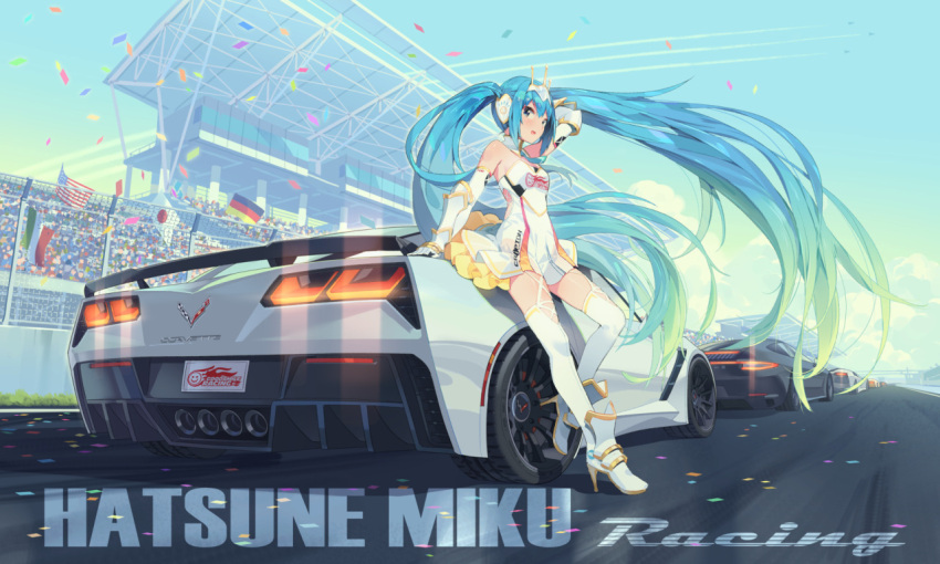 1girl, :d, american_flag, ankle_boots, aqua_hair, arm_support, arm_up, bare_shoulders