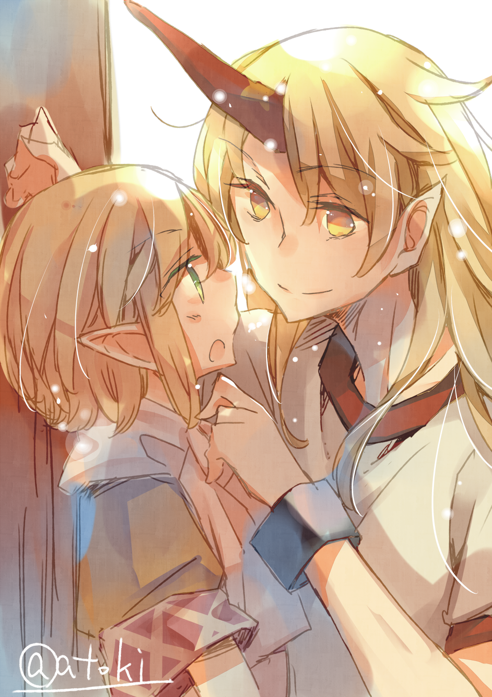2girls, :o, against_wall, atoki, blonde_hair, blush, cuffs, eye_contact