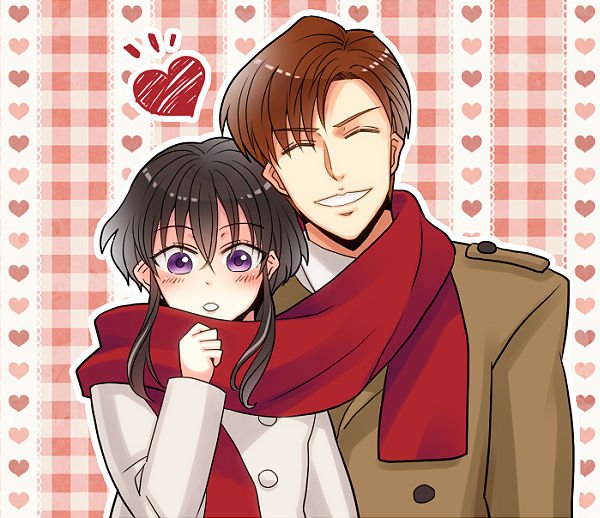1boy, 1girl, black_hair, blush, brown_hair, closed_eyes, coat, futatsuki_(perfect_lovers)