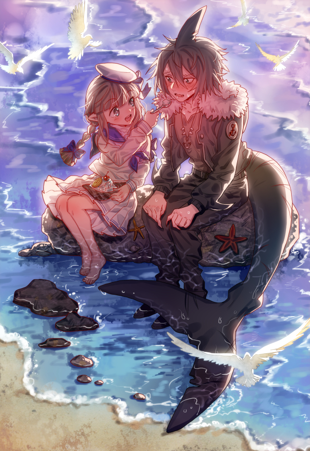 1boy, 1girl, :d, anchor_necklace, barefoot, beret, bird, black_hair