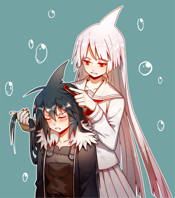 2girls, aqua_background, belt, black_hair, black_jacket, blush, bubble, closed_eyes