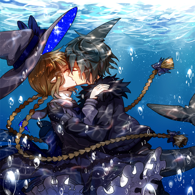 1boy, 1girl, black_gloves, black_hair, black_jacket, blue_bow, blue_hat, blue_shirt