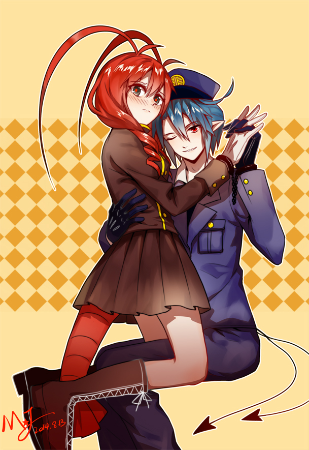 1boy, 1girl, 2014, ;), antenna_hair, black_boots, black_eyes, black_gloves