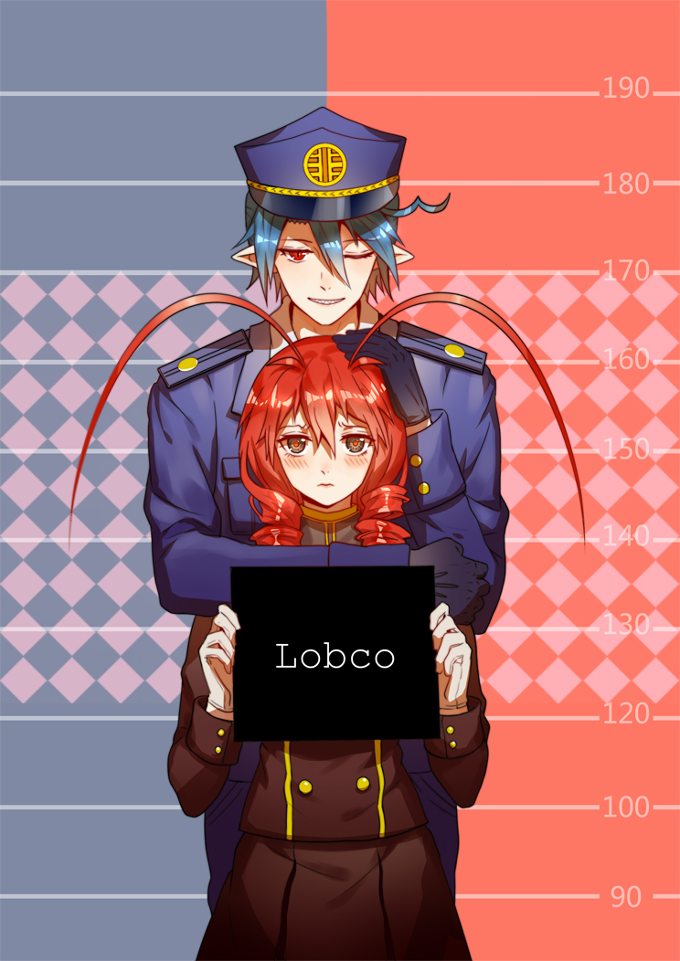1boy, 1girl, 3:, ;), antenna_hair, black_eyes, black_gloves, black_shirt