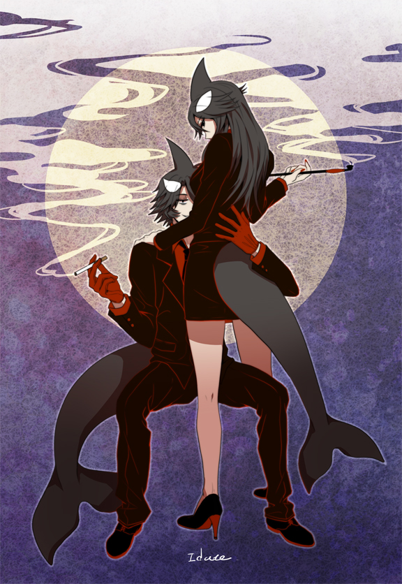 1boy, 1girl, black_eyes, black_hair, black_pants, black_shoes, blazer, breasts