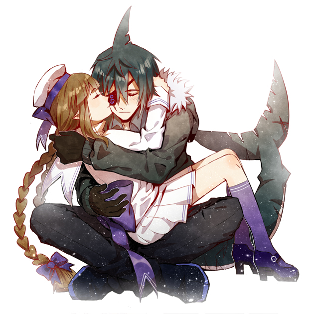 1boy, 1girl, black_gloves, black_hair, black_jacket, black_pants, blue_legwear, blue_shoes, blush, braid, brown_hair, cheek_kiss, closed_eyes, eyepatch, full_body, fur_trim, gloves, hand_on_another's_back, hetero, high_heels, hug, indian_style, jacket, kiss, kneehighs, long_hair, long_sleeves, low_twintails, majiang, mary_janes, oounabara_to_wadanohara, pants, pleated_skirt, pointy_ears, profile, sailor_collar, samekichi, shark_tail, shirt, shoes, short_hair, sitting, sitting_on_person, skirt, twin_braids, twintails, very_long_hair, wadanohara, white_background, white_shirt, white_skirt