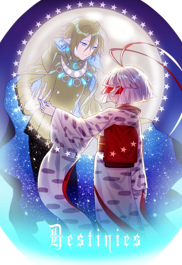 1boy, 1girl, antenna_hair, black_shirt, blue_eyes, brown_hair, cape, closed_eyes