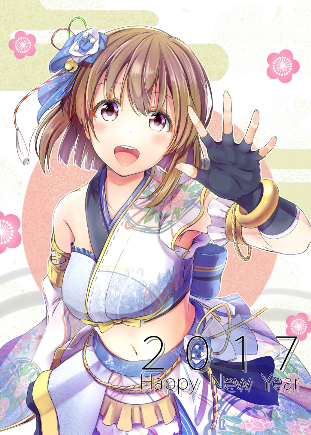 1girl, blush, breasts, brown_eyes, brown_hair, detached_sleeves, fingerless_gloves, gloves