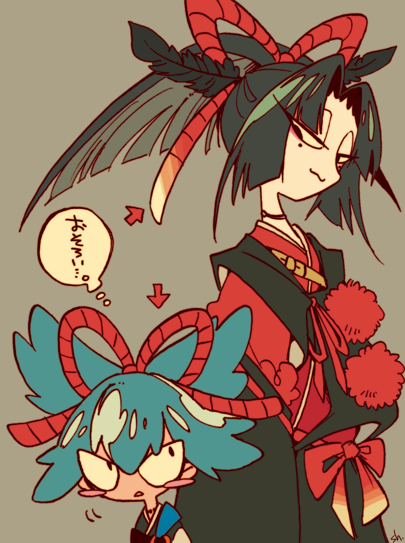 2boys, :3, androgynous, black_hair, blue_hair, blush_stickers, eyeshadow, feathers
