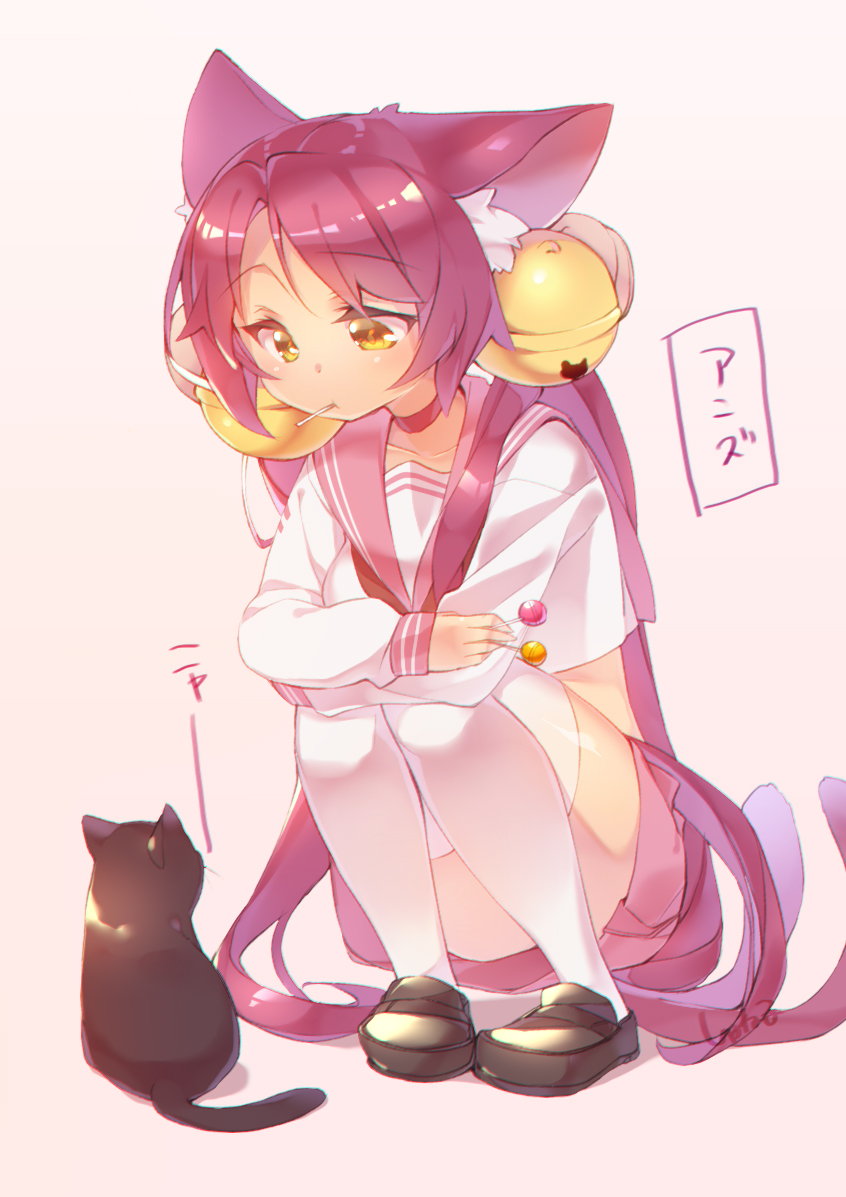 1girl, animal_ears, artist_name, bell, black_cat, blush, brown_shoes, candy