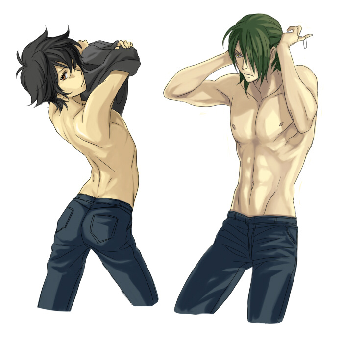 abs, arched_back, back, black_hair, chest, green_hair, gundam, gundam_00, hallelujah_haptism, jeans, male, multiple_boys, sakatsuki, setsuna_f_seiei, shirtless, short_hair, undressing, white_background