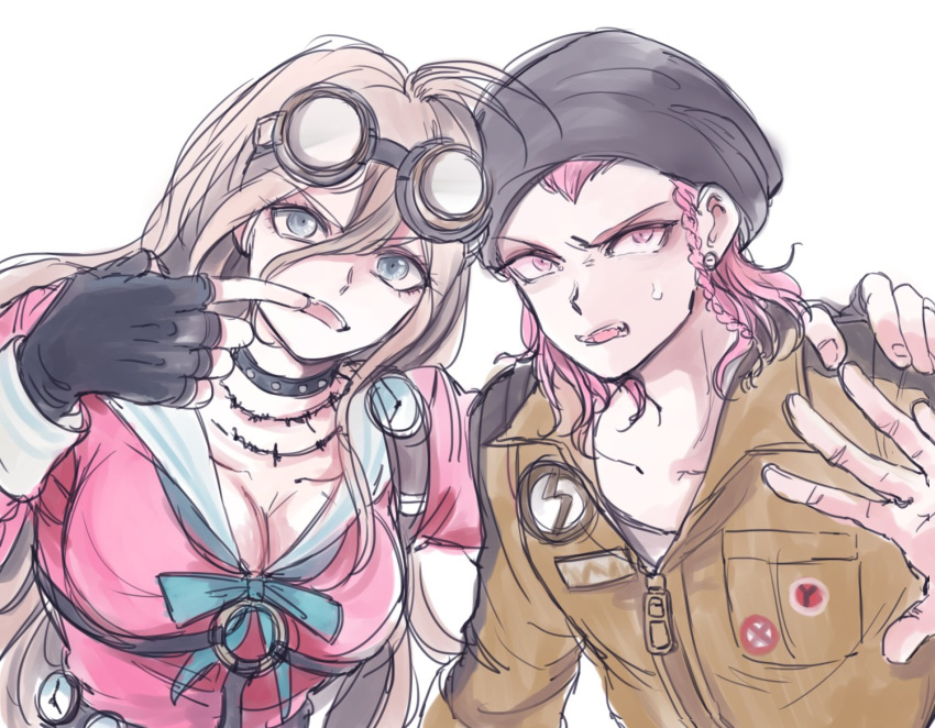 1boy, 1girl, barbed_wire, beanie, black_gloves, blonde_hair, blue_eyes, braid, breasts, choker, cleavage, dangan_ronpa, fingerless_gloves, gloves, goggles, goggles_on_head, goro_nyanko, hair_between_eyes, hat, iruma_miu, jumpsuit, long_hair, looking_at_viewer, new_dangan_ronpa_v3, open_mouth, pink_eyes, pink_hair, school_uniform, serafuku, short_hair, single_braid, souda_kazuichi, super_dangan_ronpa_2, trait_connection, upper_body, widow's_peak