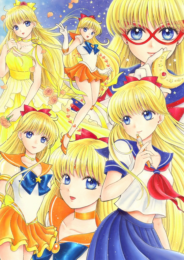 6+girls, aino_minako, bishoujo_senshi_sailor_moon, blonde_hair, blue_bow, blue_eyes, blue_skirt, bow