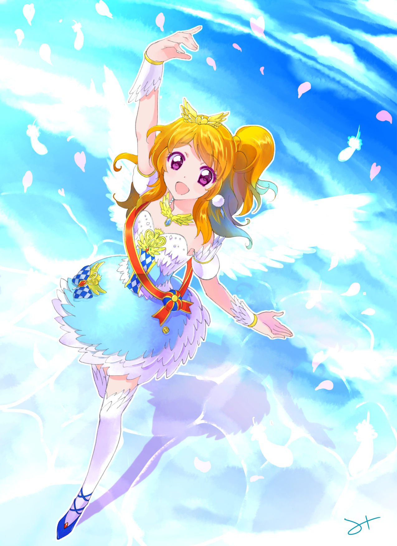 1girl, :d, aikatsu!, angel_wings, blush, bow, brown_hair, dress, earrings, feather_trim, feathers, full_body, gloves, half_gloves, highres, jewelry, long_hair, looking_at_viewer, mitsuhashitaeko, necklace, one_side_up, oozora_akari, open_mouth, ribbon, sash, skirt, sky, smile, solo, strapless, strapless_dress, thigh-highs, tiara, violet_eyes, wings