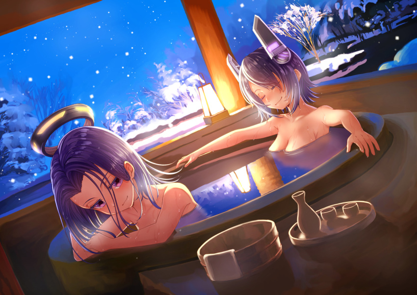 2girls, arm_support, armpits, bath, bathing, blush, breasts, bucket