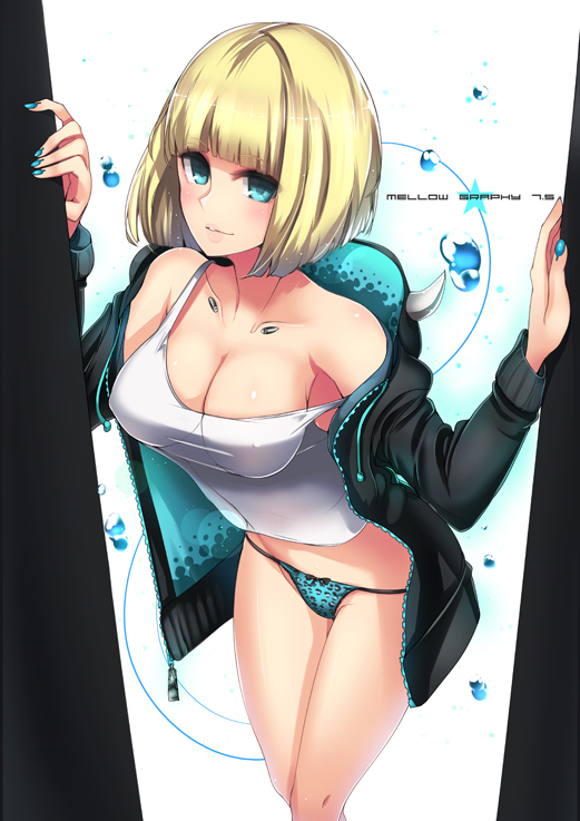 1girl, animal_print, bangs, blonde_hair, blue_eyes, blue_nails, blue_panties, blunt_bangs