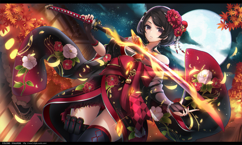 1girl, autumn_leaves, bare_shoulders, black_hair, black_kimono, black_legwear, circle_name, clouds