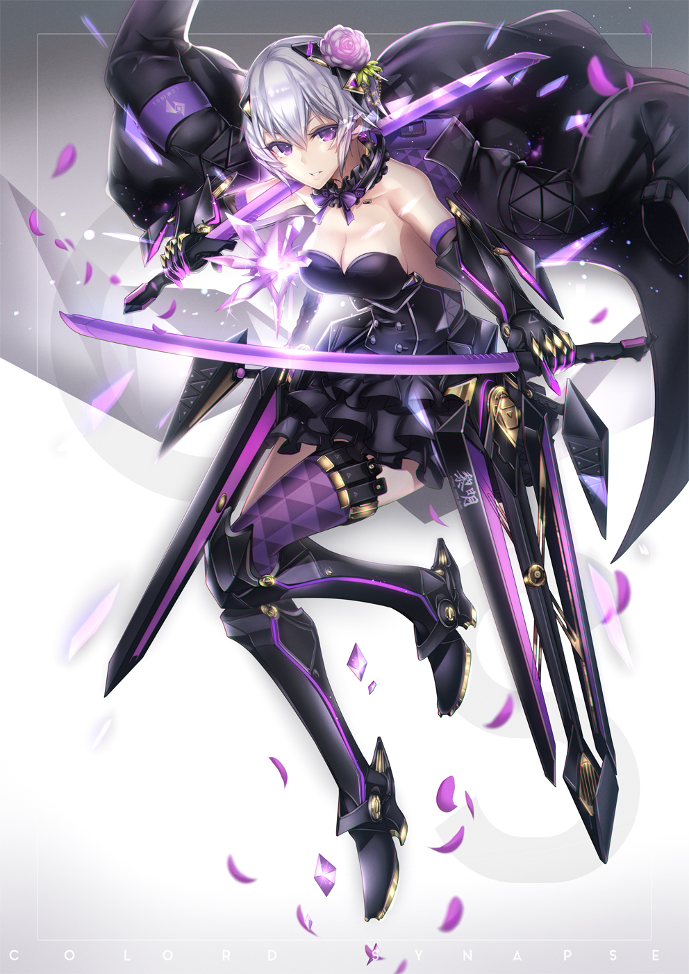 1girl, bangs, bare_shoulders, black_gloves, black_skirt, blurry, breasts, circle_name