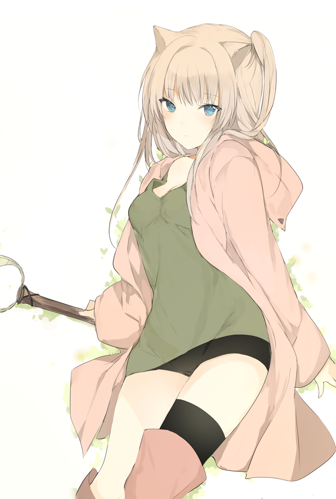 1girl, animal_ears, bangs, black_legwear, blonde_hair, blouse, blue_eyes, boots