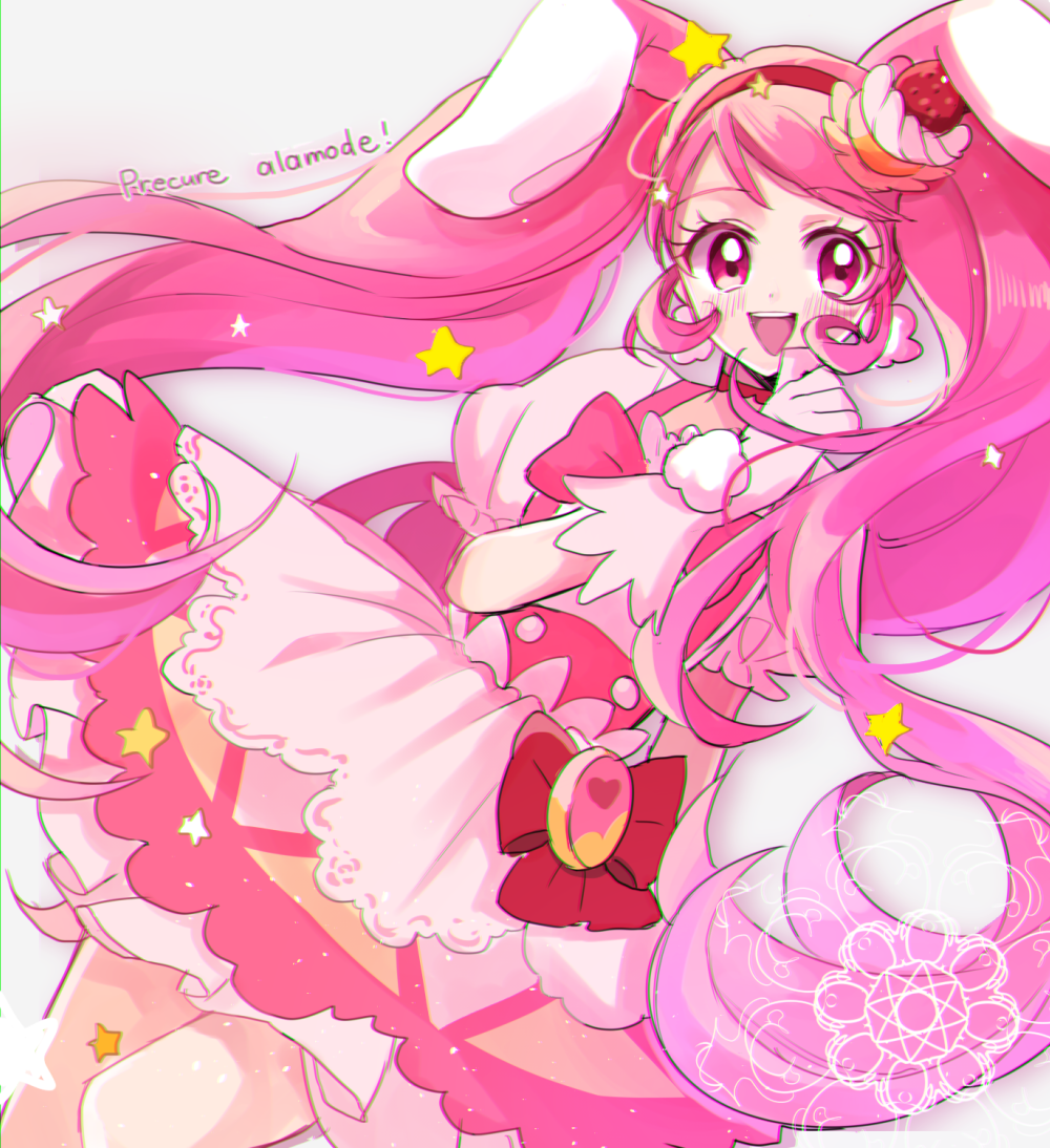 1girl, :d, animal_ears, blush, cake_hair_ornament, copyright_name, cure_whip, earrings, food, food_themed_hair_ornament, food_themed_ornament, fruit, full_body, gloves, grey_background, hair_ornament, jewelry, kirakira_precure_a_la_mode, kojiko_(kizikoriann), long_hair, magical_girl, open_mouth, pink, pink_eyes, pink_hair, precure, rabbit, rabbit_ears, simple_background, smile, solo, star, strawberry, strawberry_shortcake, text, twintails, usami_ichika, whipped_cream
