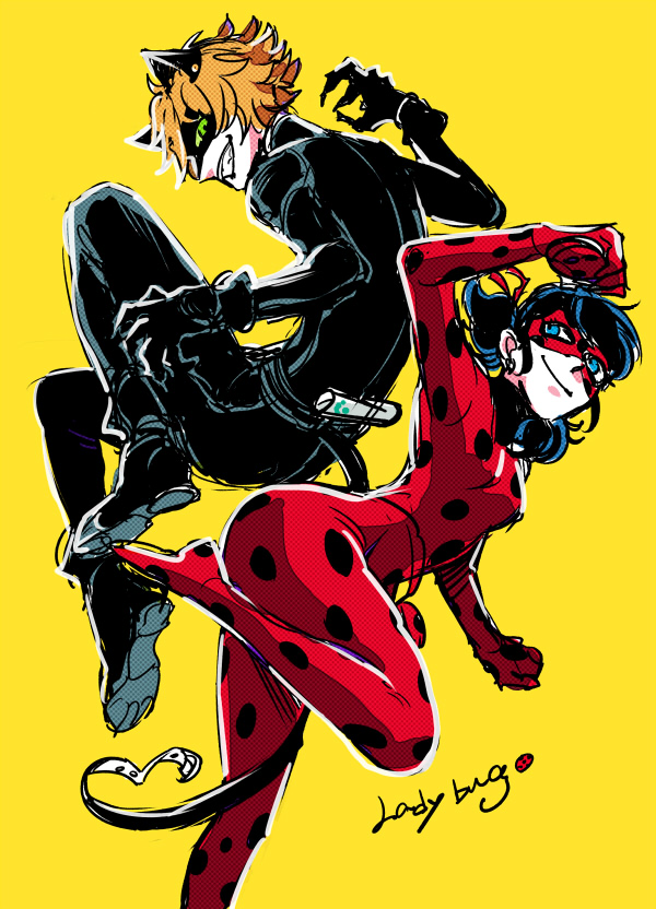 1boy, 1girl, adrien_agreste, black_hair, blonde_hair, blue_eyes, bodysuit, catsuit