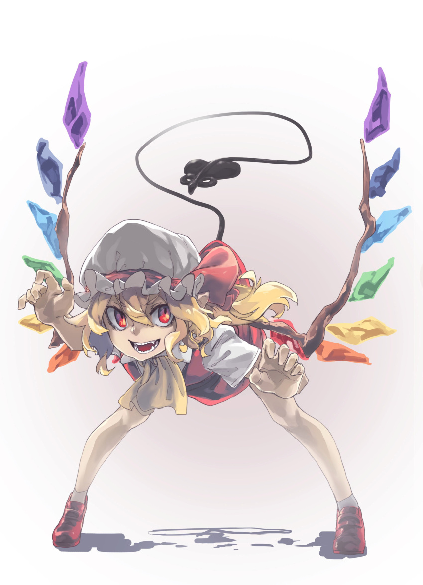 1girl, absurdres, ascot, bare_legs, blonde_hair, flandre_scarlet, full_body, hat