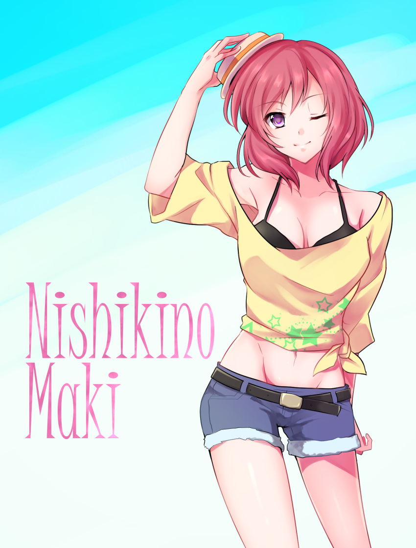 1girl, belt, breasts, character_name, cleavage, cutoffs, denim, denim_shorts
