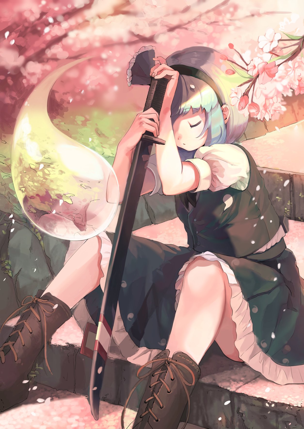 bangs, boots, brown_boots, buttons, cherry_blossoms, closed_eyes, cross-laced_footwear, flower