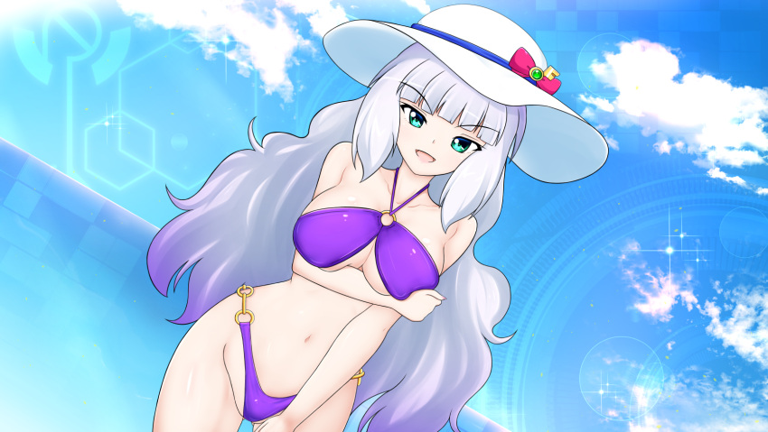1girl, _terashiyama_hajime, aqua_eyes, bikini, breasts, gundam, gundam_exa, hat