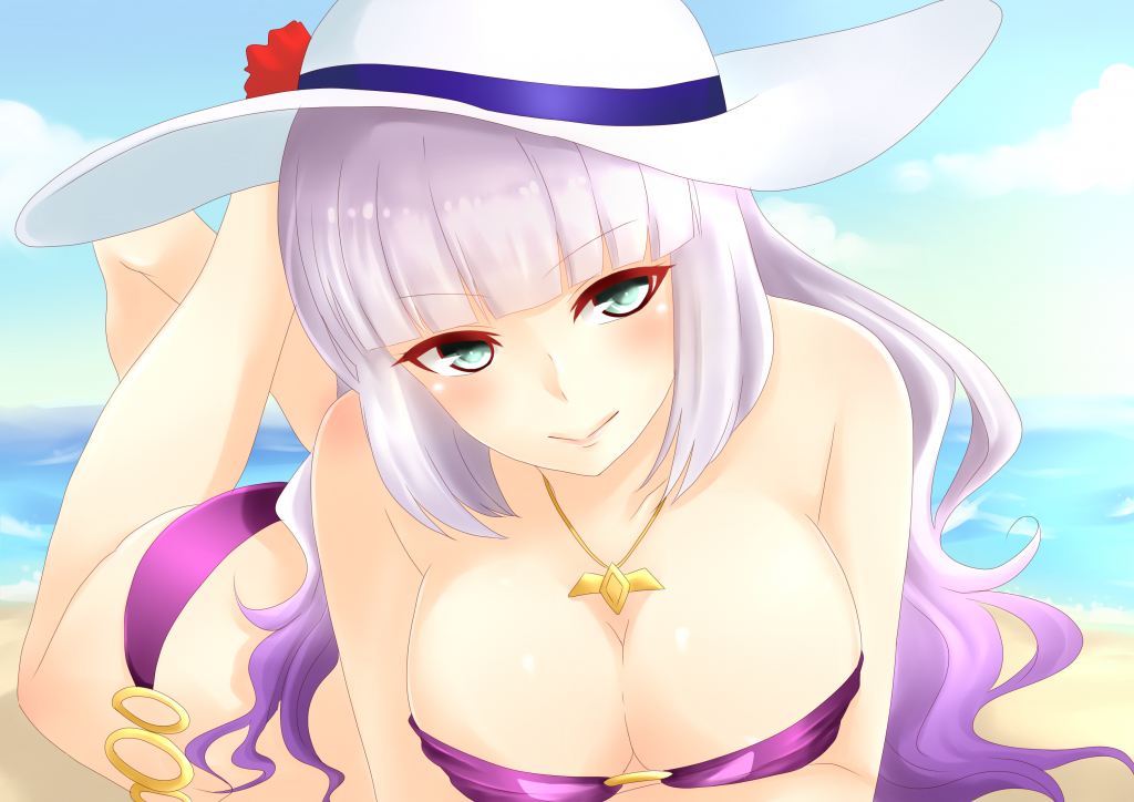 1girl, aqua_eyes, bikini, breasts, gundam, gundam_exa, hat, large_breasts