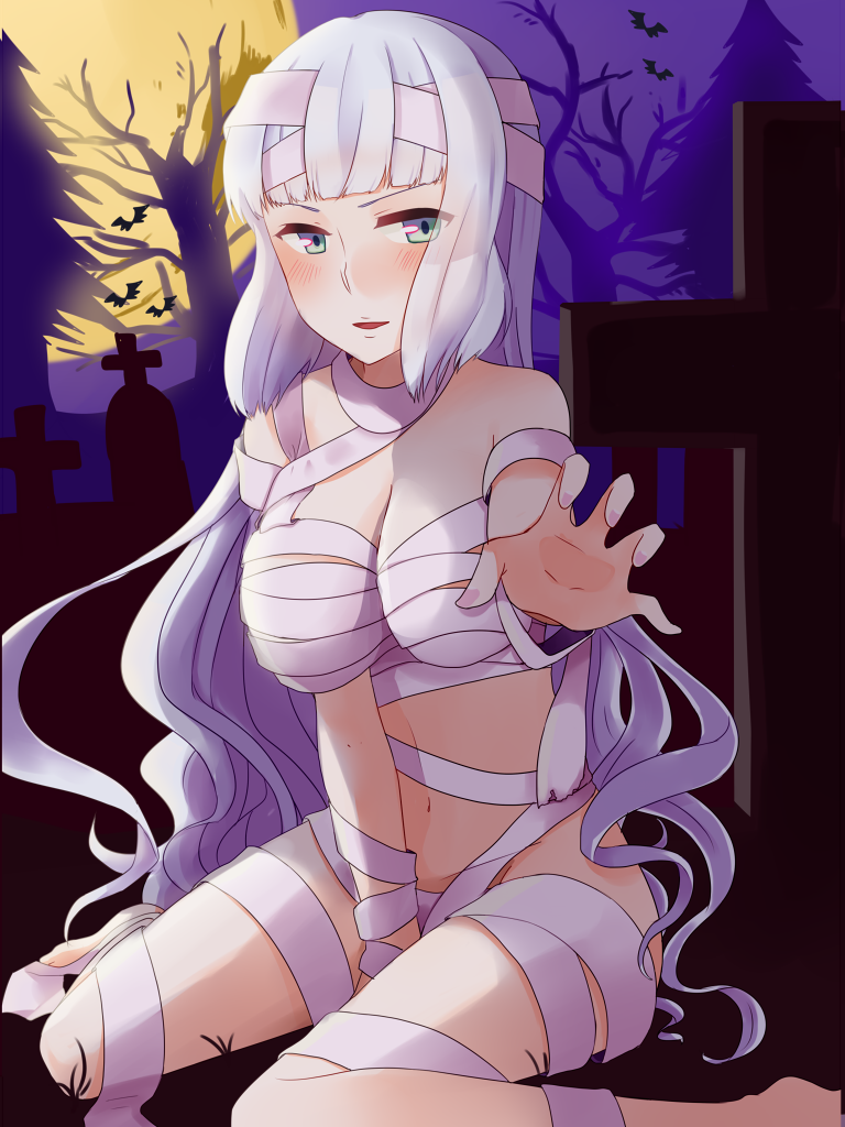 1girl, bandage, blue_eyes, breasts, gundam, gundam_exa, long_hair, mummy