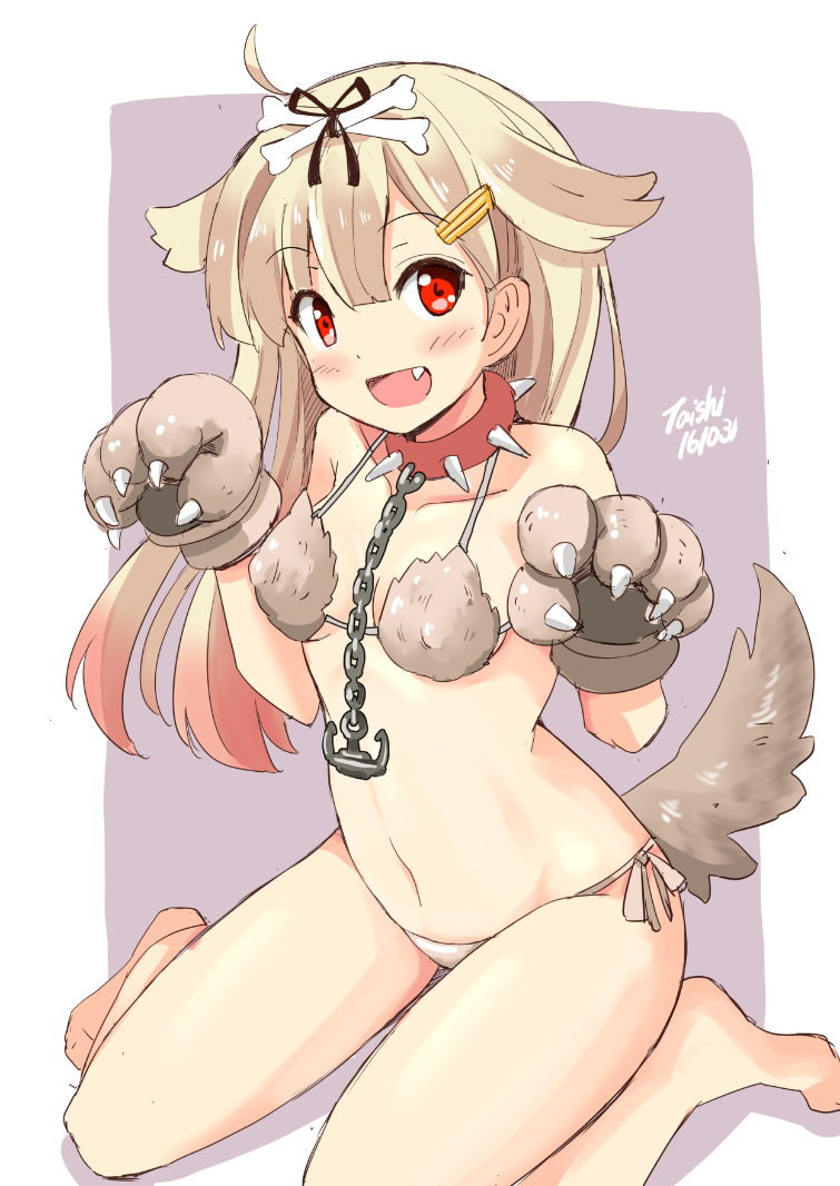 1girl, alternate_costume, anchor, bikini, blonde_hair, brown_bikini, collar, dog_tail