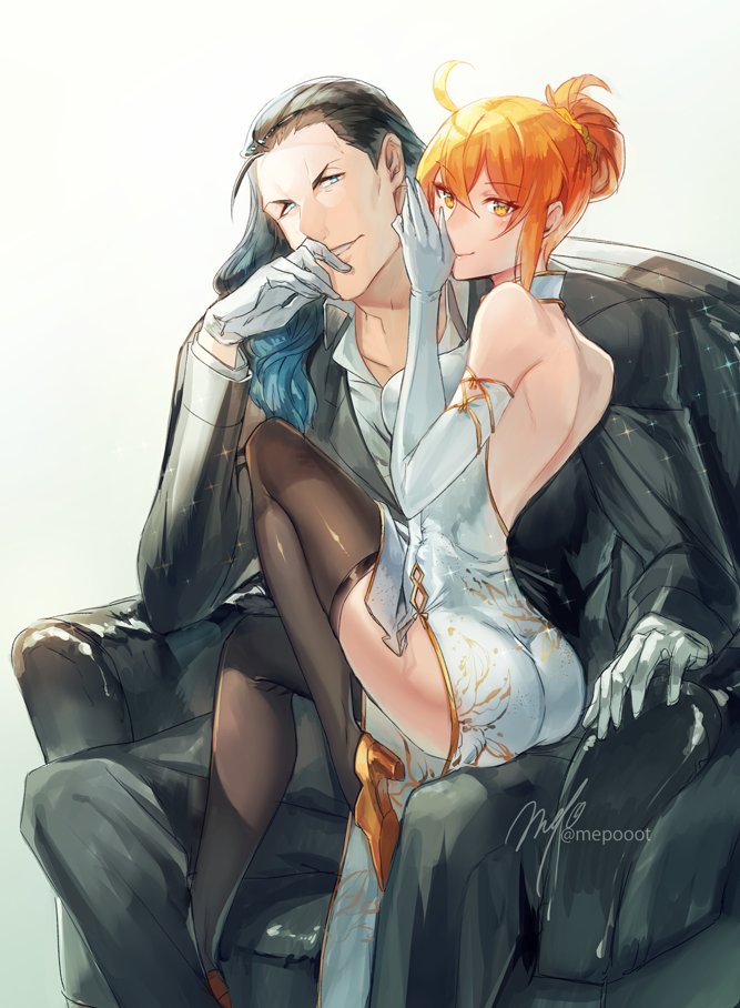 1boy, 1girl, ahoge, alternate_costume, alternate_hairstyle, artist_name, ass, bare_back, bare_shoulders, black_legwear, black_thighhighs, blue_eyes, china_dress, chinese_clothes, dress, elbow_gloves, eyebrows_visible_through_hair, fate/grand_order, fate_(series), formal, fujimaru_ritsuka_(female), gloves, gradient_hair, mepo_(raven0), multicolored_hair, nikola_tesla_(fate/grand_order), orange_eyes, orange_hair, pelvic_curtain, side_slit, signature, sitting, sitting_on_lap, sitting_on_person, suit, thigh-highs, twitter_username, white_gloves