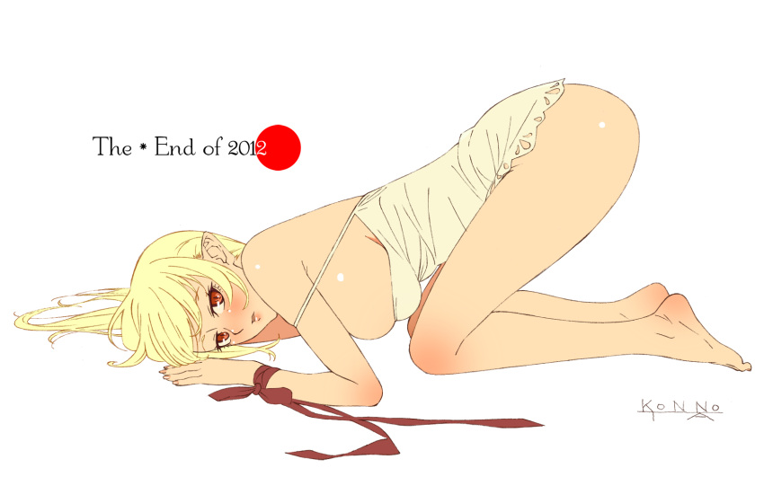 1girl, all_fours, ass, blonde_hair, breasts, dress, highres, kiss-shot_acerola-orion_heart-under-blade, kizumonogatari, konnota, large_breasts, long_hair, looking_at_viewer, monogatari_(series), nengajou, new_year, pointy_ears, red_eyes, sideboob, sleeveless, solo, white_dress