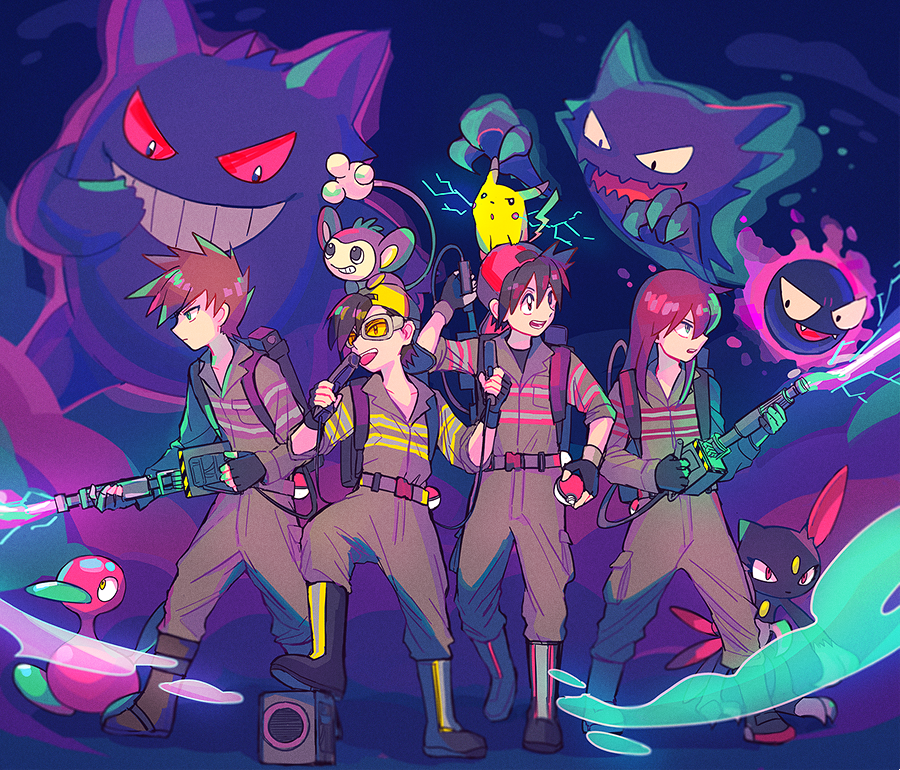 4boys, aipom, baseball_cap, black_hair, brown_hair, funoito, gastly, gengar
