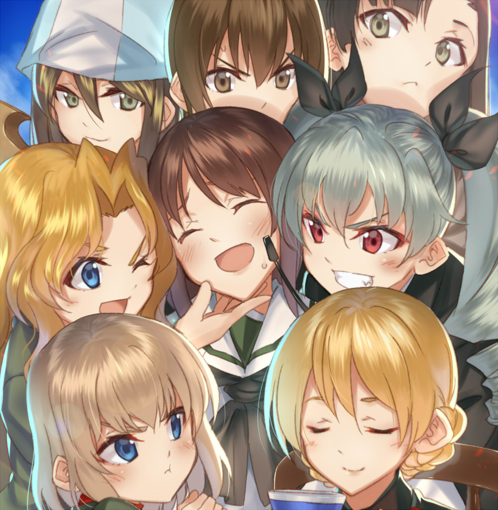 6+girls, anchovy, bangs, black_ribbon, blonde_hair, blue_eyes, blue_sweater, blush