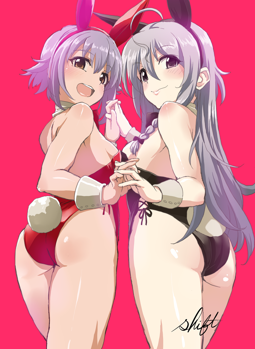 2girls, ahoge, animal_ears, ass, breasts, brown_eyes, bunny_girl, bunny_tail