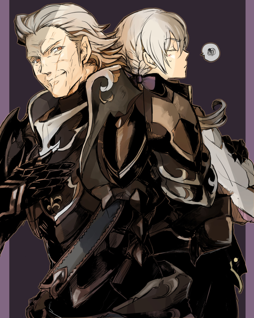 2boys, armor, back-to-back, blush, closed_eyes, crossed_arms, fire_emblem, fire_emblem_if