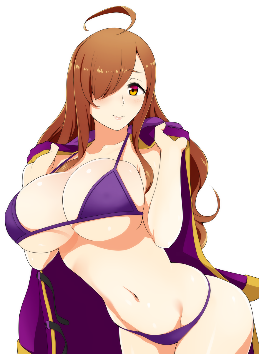 1girl, ahoge, bikini, breasts, brown_eyes, brown_hair, groin, hair_over_one_eye