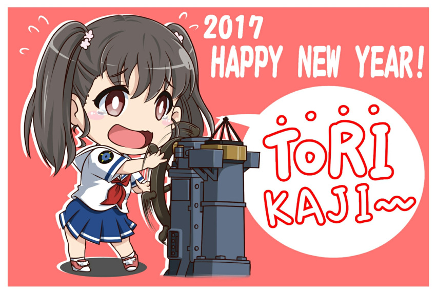 1girl, 2017, badge, black_hair, blue_skirt, brown_eyes, chibi, flying_sweatdrops, furatto, happy_new_year, helm, helmet, high_school_fleet, long_hair, neckerchief, new_year, open_mouth, pleated_skirt, red_neckerchief, school_uniform, serafuku, ship's_wheel, shiretoko_rin, shoes, skirt, sneakers, twintails, wavy_mouth