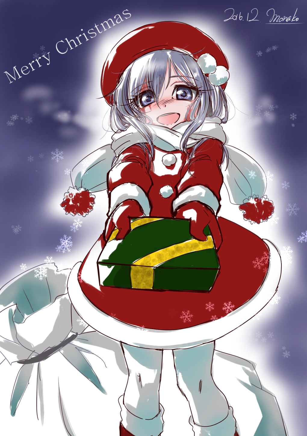 2016, :d, blue_eyes, blush, box, burn_scar, christmas, dated, dorei_to_no_seikatsu_~teaching_feeling~, gift, gift_box, grey_hair, hat, highres, incoming_gift, long_hair, looking_at_viewer, merry_christmas, mittens, nose_blush, open_mouth, pom_pom_(clothes), sack, scar, scarf, smile, snowflakes, sylvie_(dorei_to_no_seikatsu), tom-brown, white_legwear, white_scarf